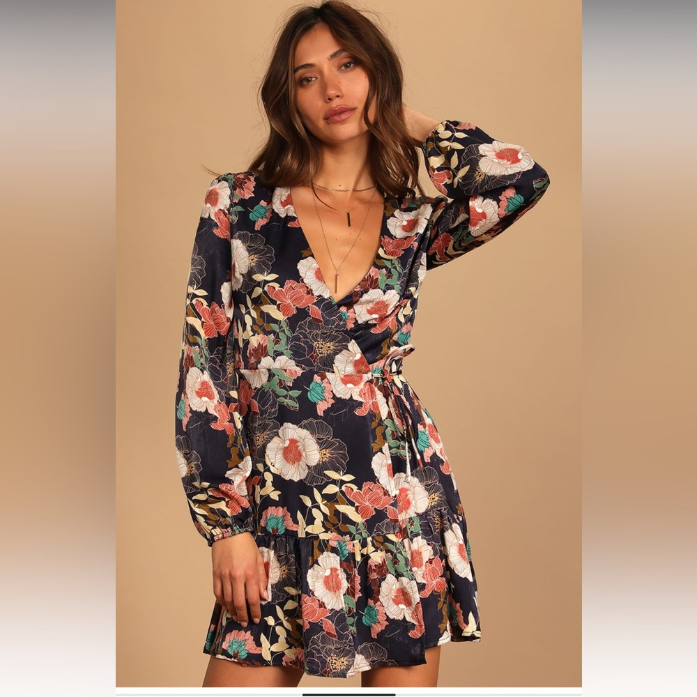 Lulus So Splendid Navy Blue Floral Satin Long Sleeve Wrap Dress!